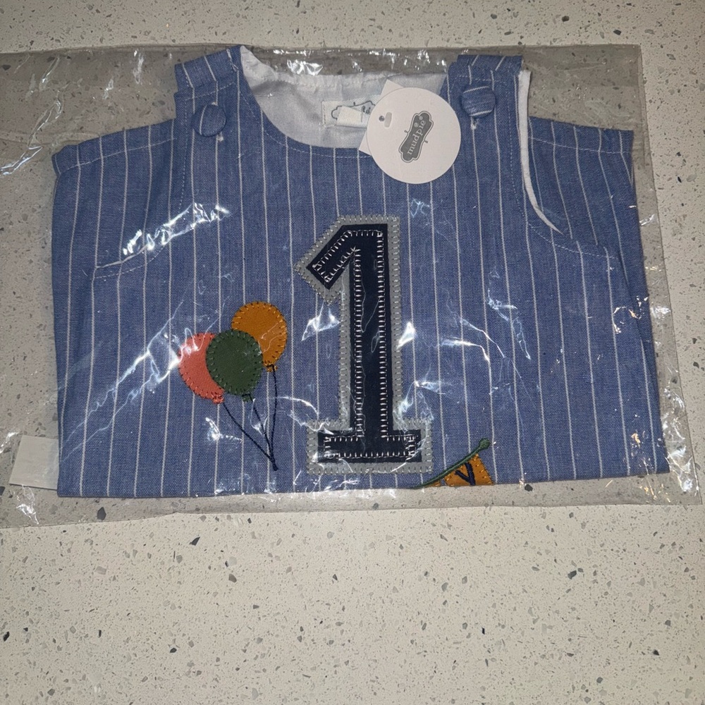 Mud Pie Blue Striped One Piece with Balloon Appliqué